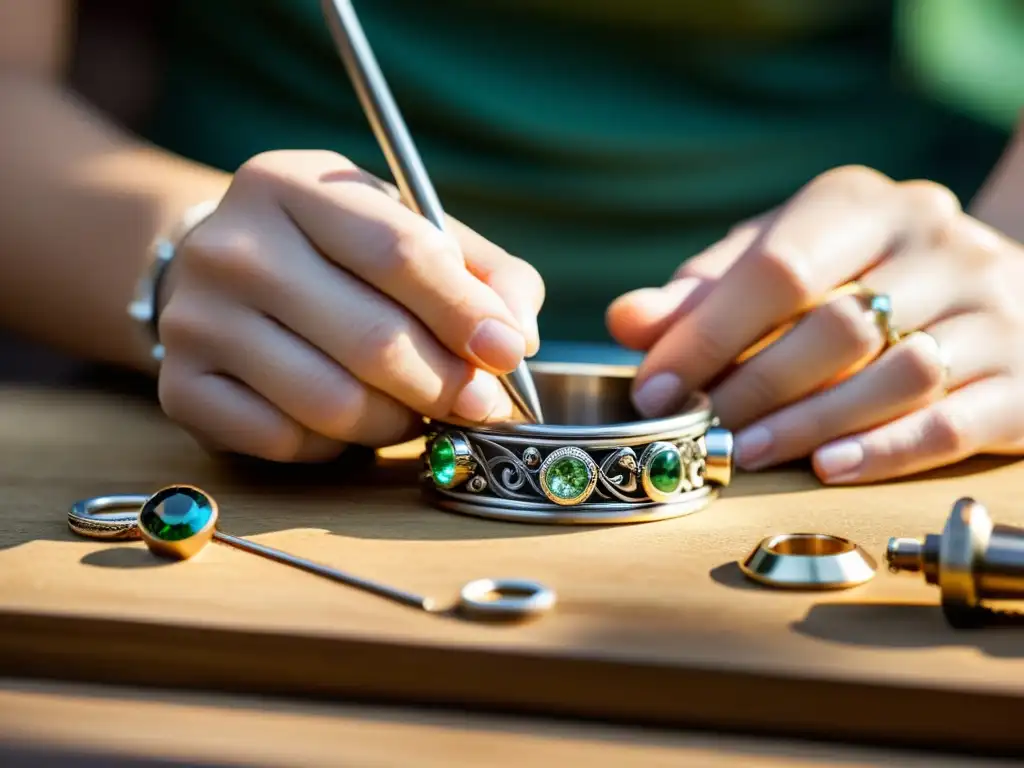 Artesanía sostenible: Creación de joyería eco-friendly Un joyero experto crea con precisión una joya sostenible, mostrando la huella de carbono y estrategias verdes en la industria de la joyería