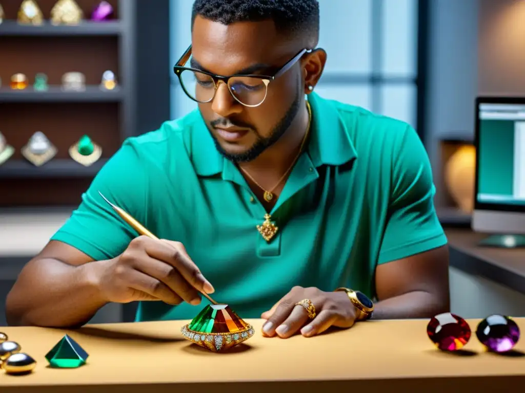 Un joyero experto modela con precisión una joya en 3D, rodeado de gemas vibrantes