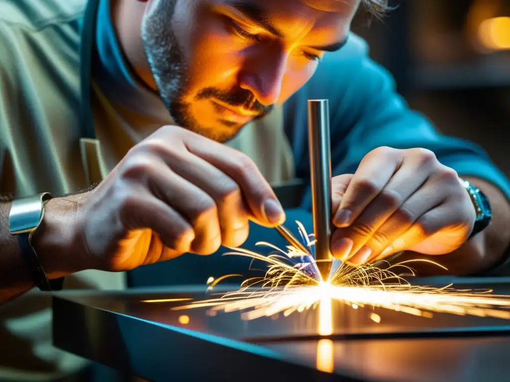 Un joyero experto soldando con precisión bajo una luz brillante, demostrando técnicas de soldadura en joyería con destreza y concentración