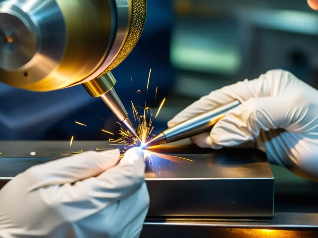 Un joyero experto fusiona con precisión dos piezas de metal precioso, destacando las técnicas de soldadura en joyería