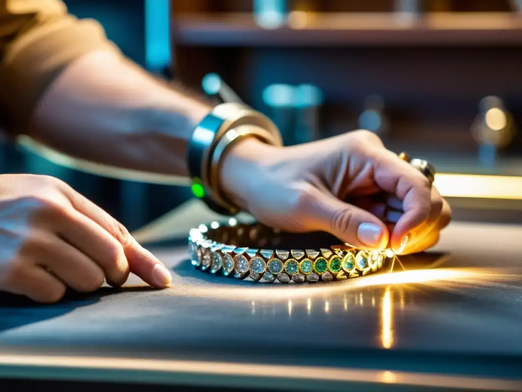 Un joyero experto crea una pulsera con diamantes, reflejando la dedicación y el arte de las ventas en joyerías en fechas especiales