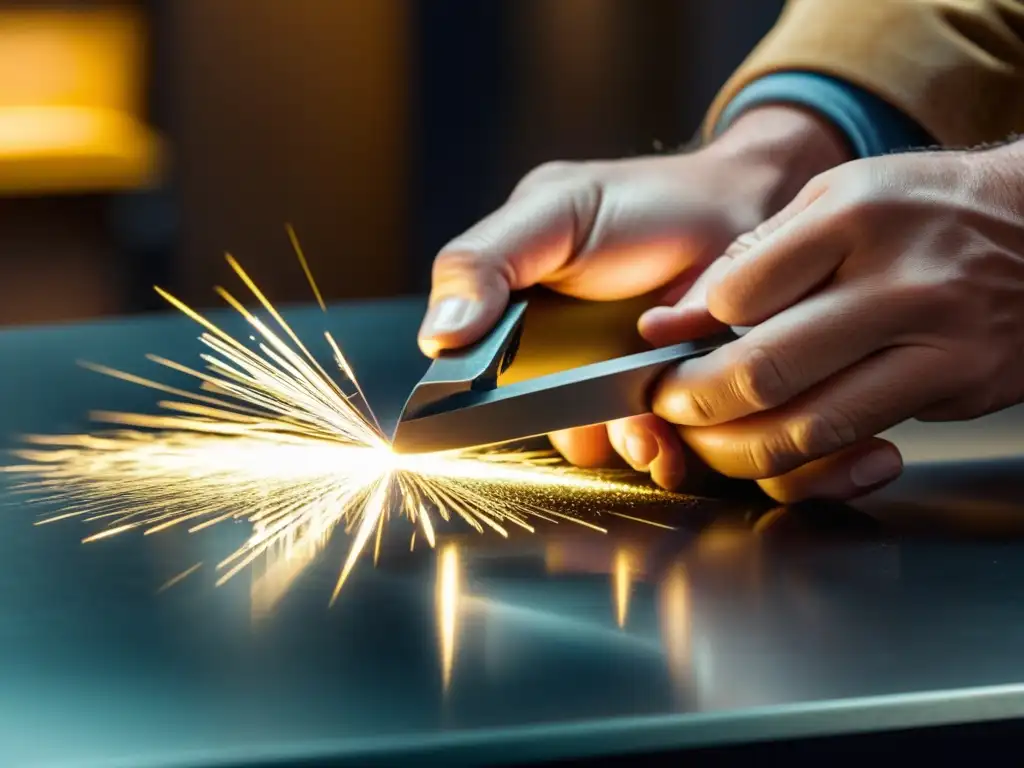 Un joyero experto maneja una sierra para cortar metales preciosos con precisión, iluminado por brillantes luces de estudio