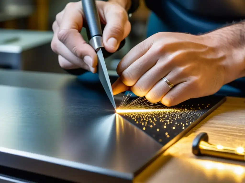 Un joyero experto utiliza una sierra para cortar metales preciosos con precisión en su taller, mostrando su meticulosa artesanía