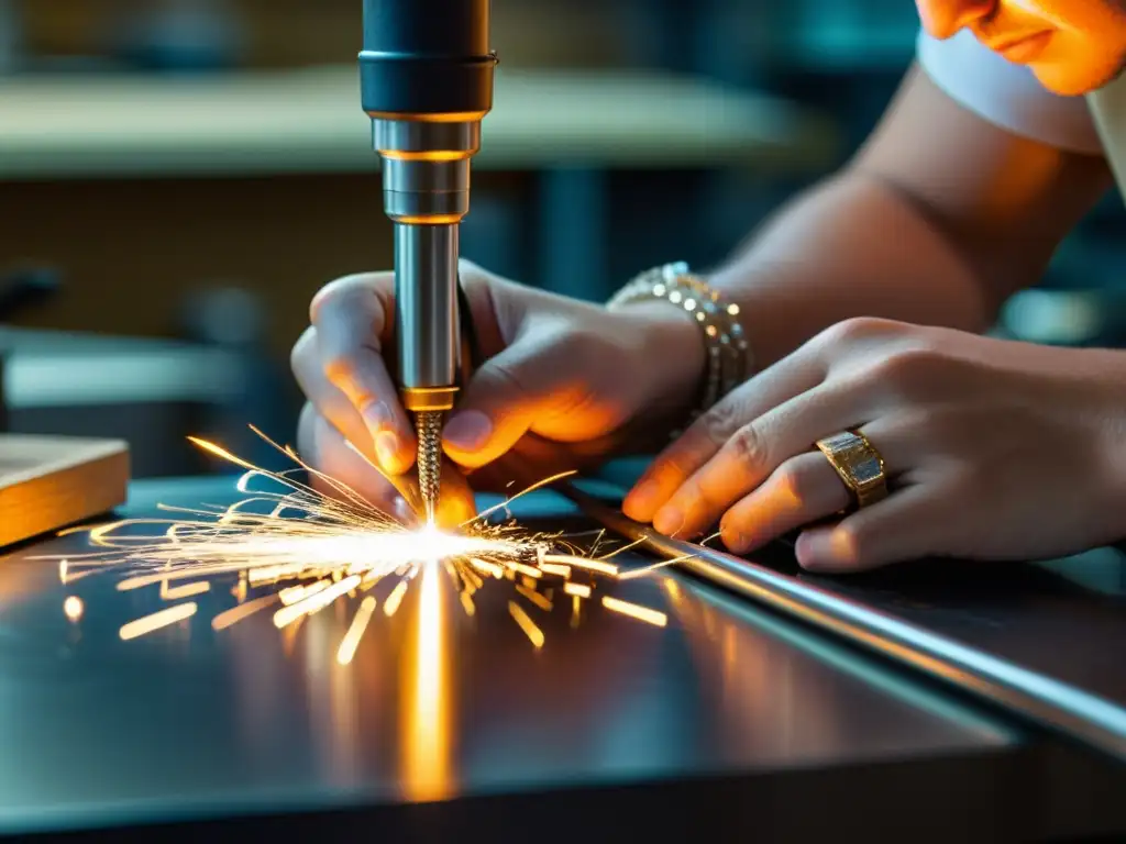 Un joyero experto en técnicas de soldadura en joyería suelda con precisión una delicada cadena de plata, con destellos de chispas volando mientras el soplete calienta el metal