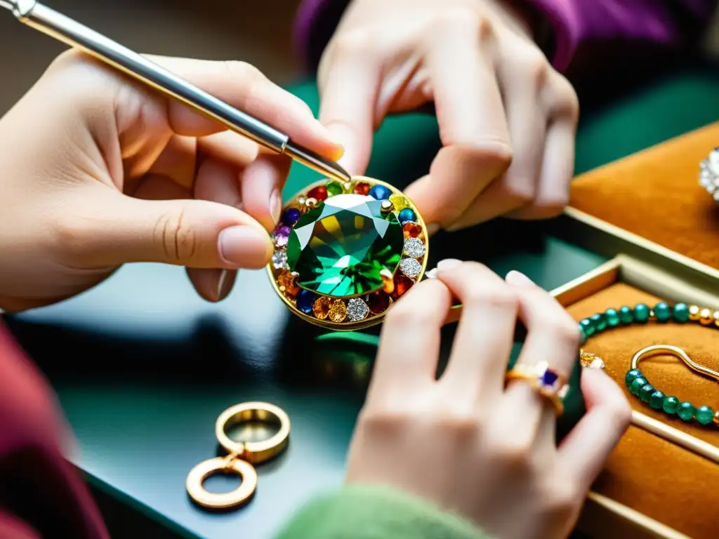 Un joyero experto coloca meticulosamente una vibrante gema en una joya personalizada, mostrando la precisión y arte de la joyería