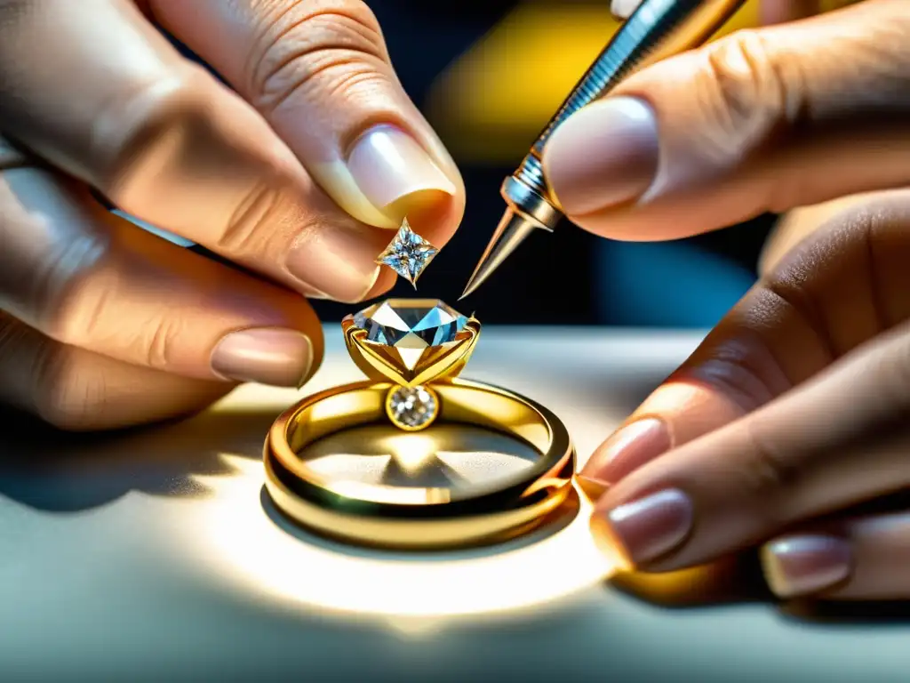 Un joyero habilidoso coloca un diamante brillante en un anillo de oro, mostrando la artesanía y la belleza de invertir en joyería a largo plazo