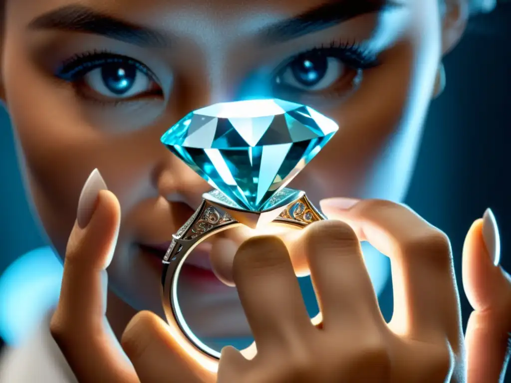 Un joyero explora un holograma de anillo de diamantes con asistente virtual en joyería, maravillado por la tecnología innovadora en una tienda moderna