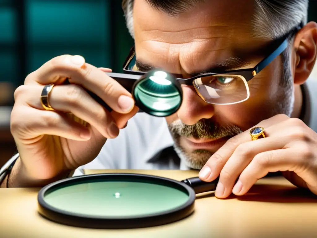 Un joyero examina detalladamente una joya con una lupa de cabeza, destacando la precisión en la artesanía de joyería