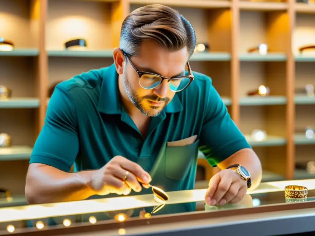 Un joyero examina detenidamente una joya con una lupa bajo la luz natural, destacando la artesanía y profesionalismo