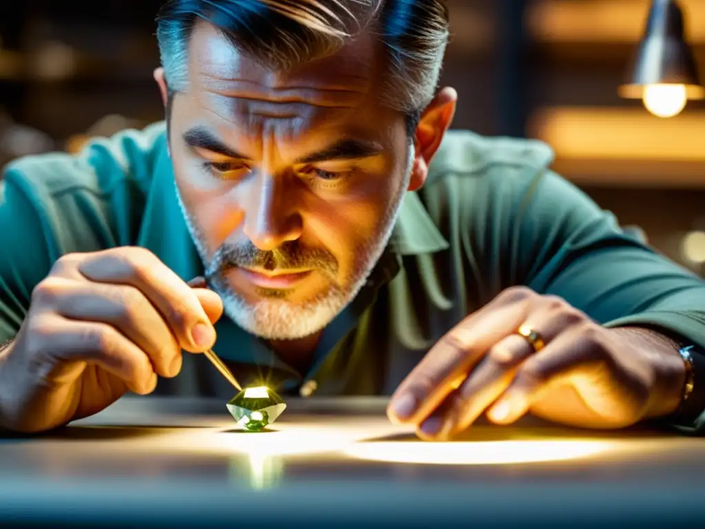 Un joyero masculino examina detenidamente una deslumbrante gema cruda bajo una luz brillante en su taller