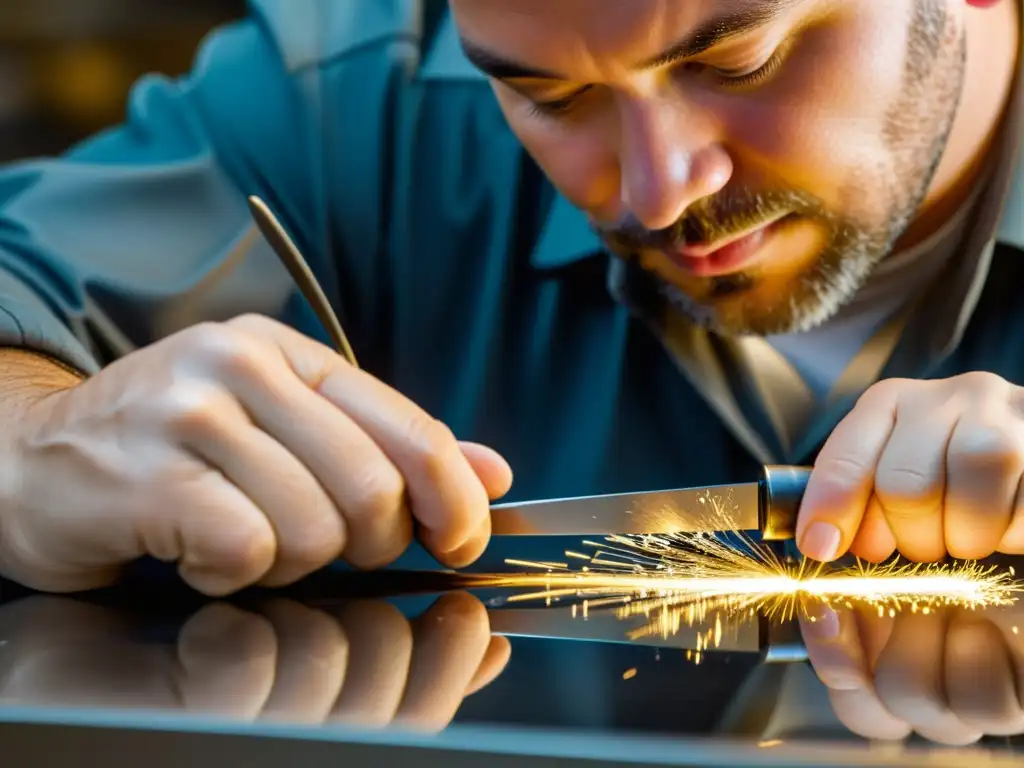 Un joyero corta meticulosamente un metal precioso con una sierra de precisión, demostrando habilidad y destreza en el proceso de fabricación de joyas
