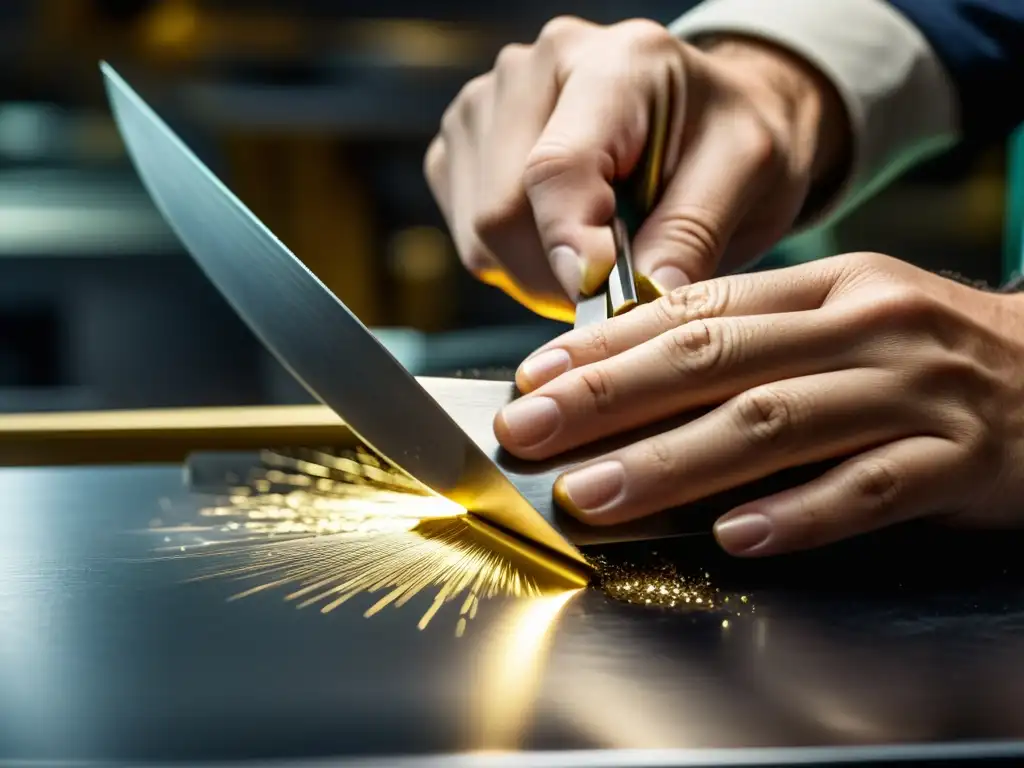 Un joyero cortando meticulosamente un metal precioso con sierras para cortar metales preciosos, reflejando su enfoque y destreza artesanal