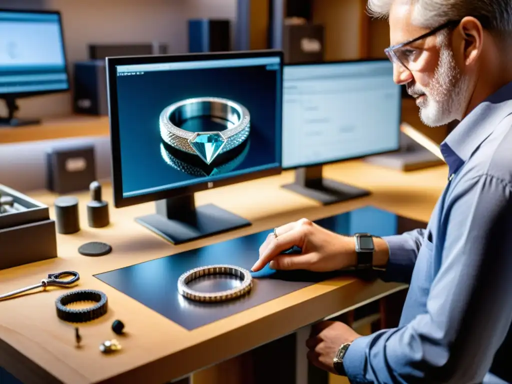 Un joyero examina detenidamente un modelo 3D detallado de un anillo de diamantes en la pantalla de una computadora, rodeado de herramientas y materiales en un banco de trabajo desordenado