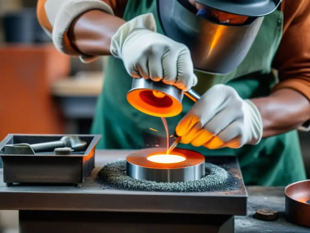 Un joyero novato vierte metal fundido en un molde, mostrando precisión y arte