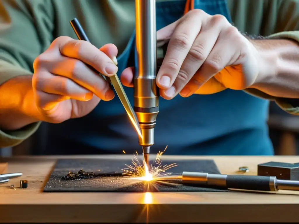 Un joyero hábil suelda con precisión dos piezas de joyería, destacando la meticulosidad de las técnicas de soldadura en joyería