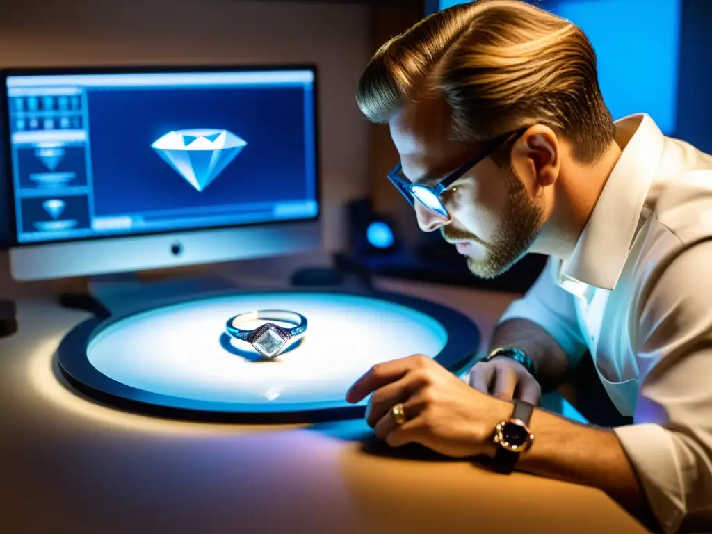 Un joyero profesional examina con cuidado un modelo 3D de un anillo de diamantes en su pantalla de alta resolución