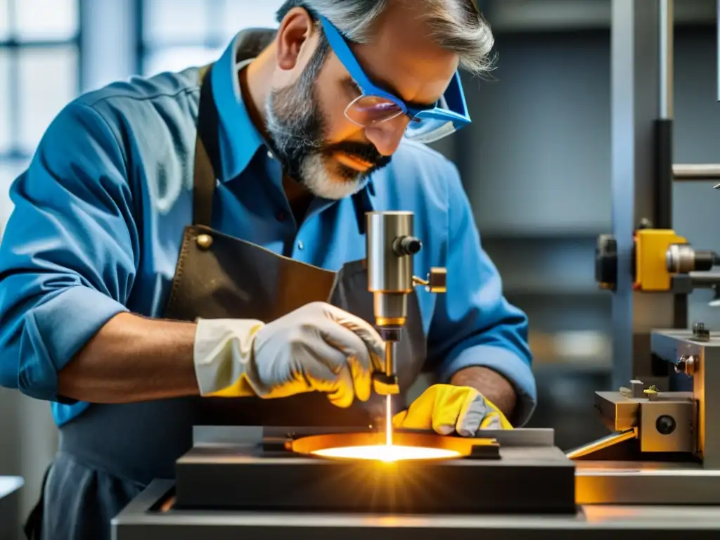 Un joyero profesional vierte metal fundido con destreza en una máquina de fundición en un taller bien iluminado