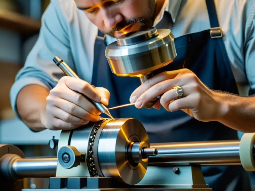 Un joyero profesional utiliza un torno para joyeros con precisión y destreza, creando una hermosa pieza de joyería