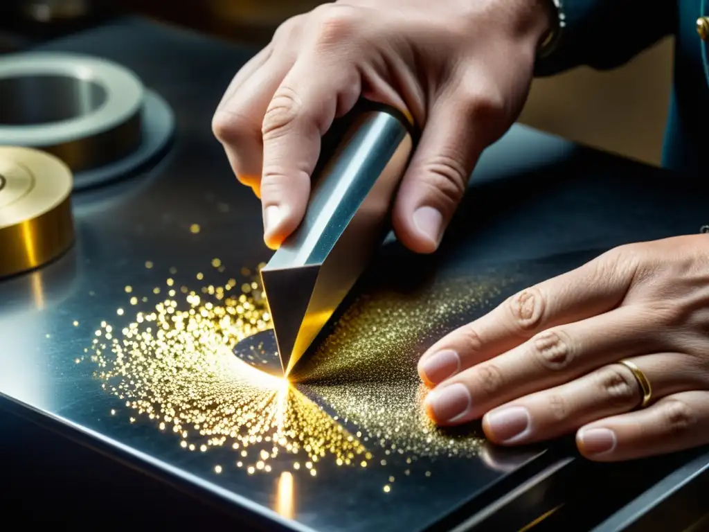Un joyero utiliza una sierra de precisión para cortar metal precioso, con destellos de oro y plata suspendidos en el aire