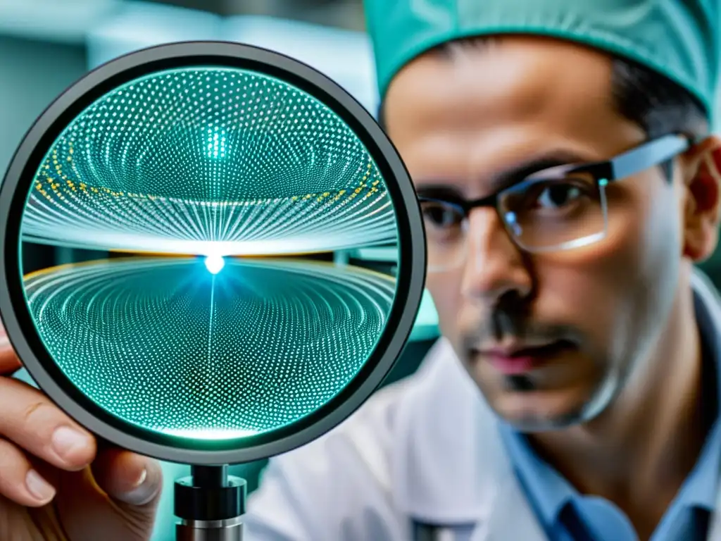 Un lente óptico recubierto de diamante, reflejando luz, junto a tecnología médica de vanguardia y personal técnico