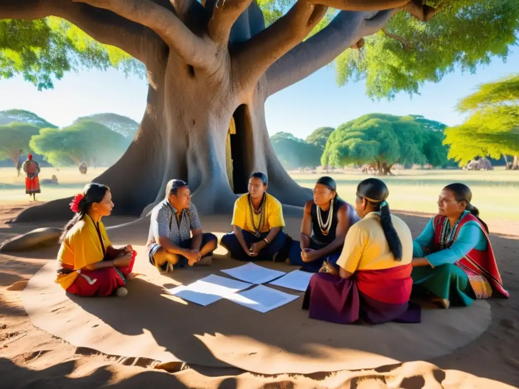 Líderes indígenas planean bajo un árbol, con artefactos y documentos, reflejando historia y determinación en la legislación minera