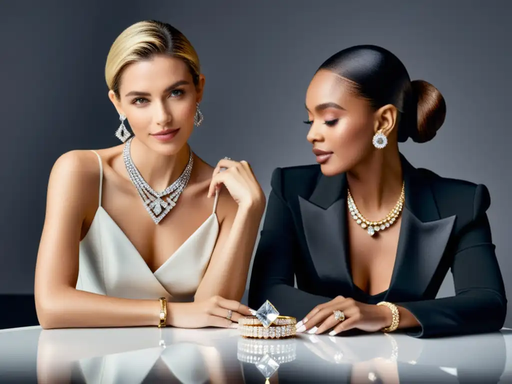 Dos líderes en el mundo de la joyería y el marketing de influencers colaborando en una elegante mesa, rodeados de diamantes y joyas lujosas