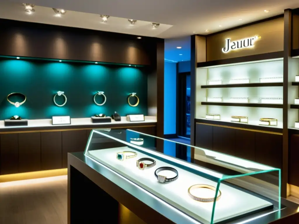 Un lujoso escaparate de joyería con diamantes, anillos, collares y pulseras