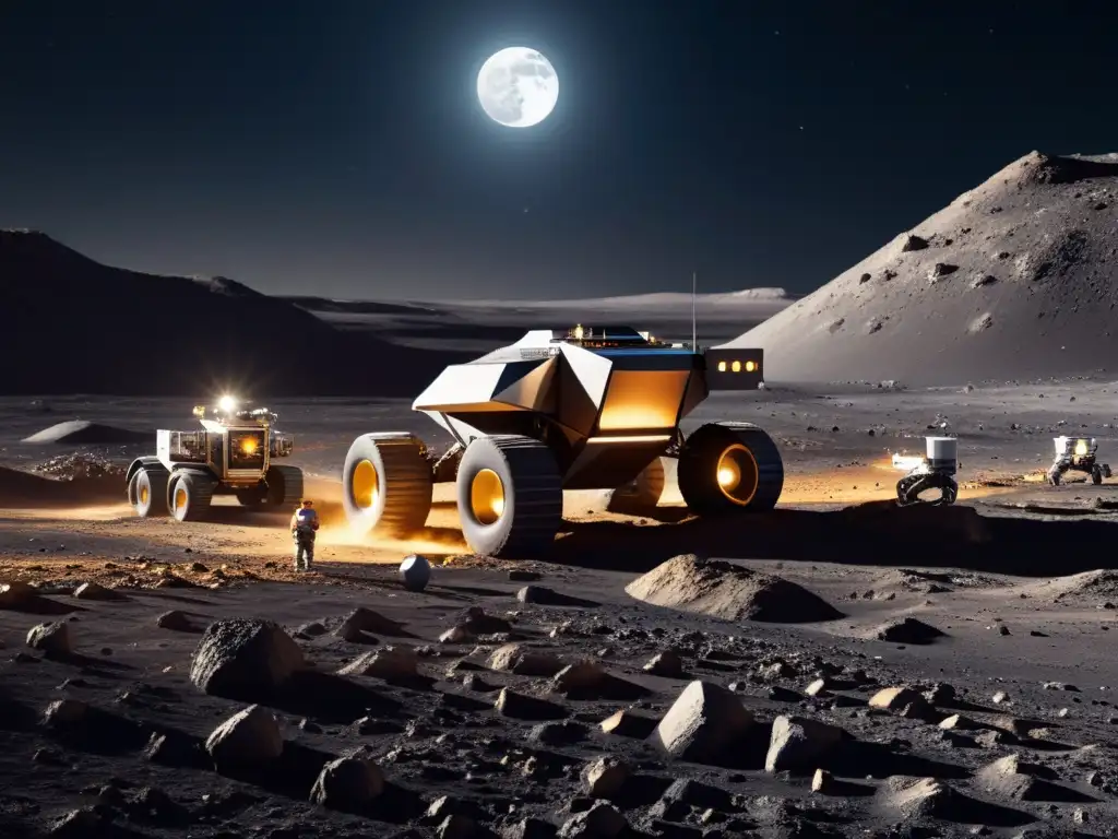 Robótica minería lunar: avanzada extracción de minerales en paisaje lunar, con tecnología futurista y bases espaciales