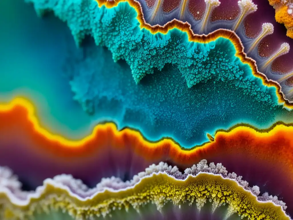 Macrofotografía detallada de una rica formación mineral, exhibiendo patrones y texturas coloridos en una imagen vibrante y detallada