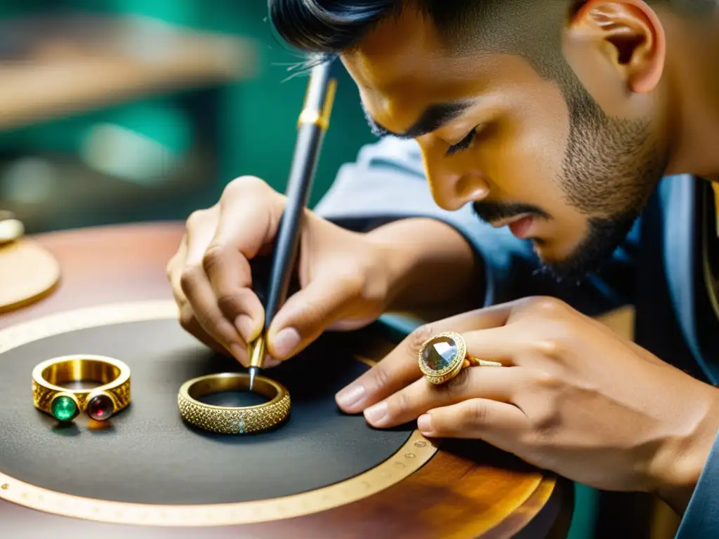 Maestro artesano grabando detalles en anillo de oro, rodeado de gemas y herramientas