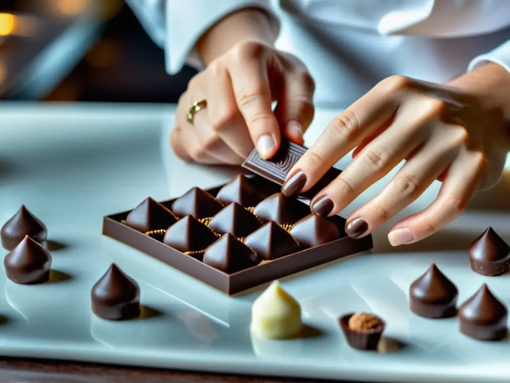 Un maestro chocolatero crea con cuidado exquisitos diamantes de chocolate, añadiendo un toque de lujo con polvo de oro comestible