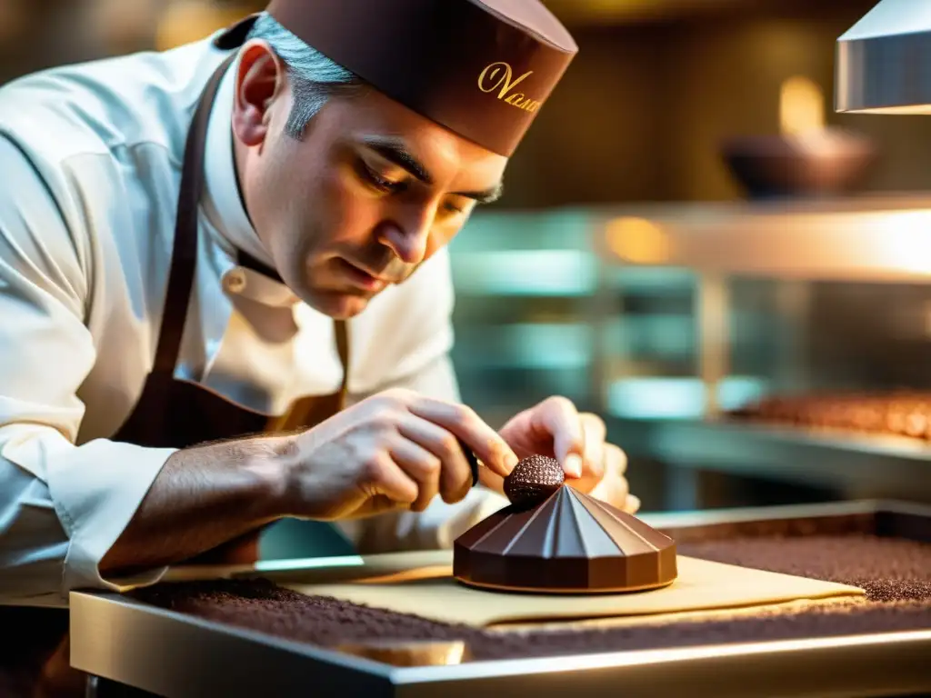 Un maestro chocolatero meticuloso elaborando un exquisito diamante de chocolate