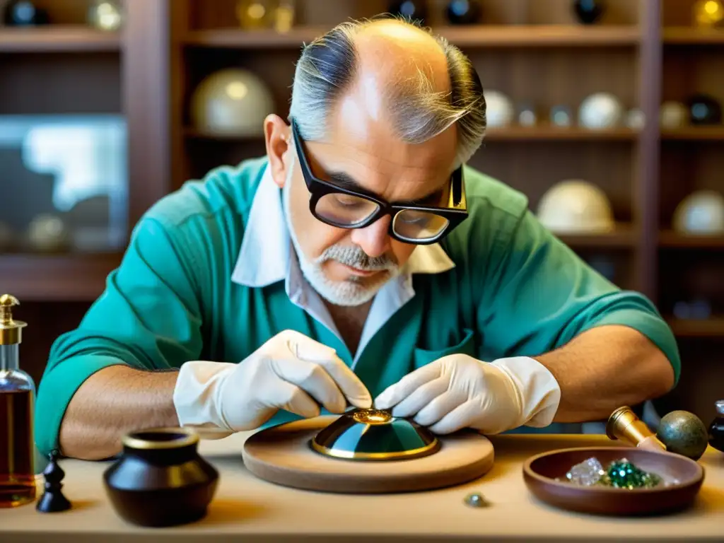 Un maestro conservador de gemas restaura con precisión una joya, rodeado de luz cálida