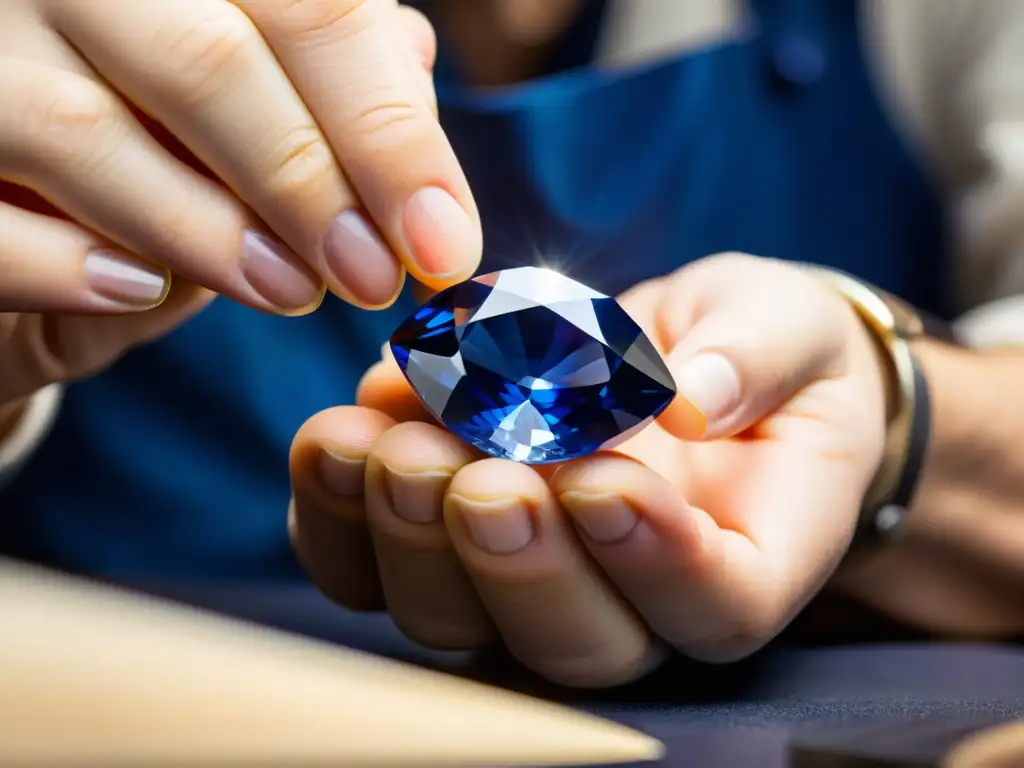 Un maestro cortador de gemas moldea con destreza un zafiro azul, representando la dedicación y la calidad que inspira invertir en zafiros