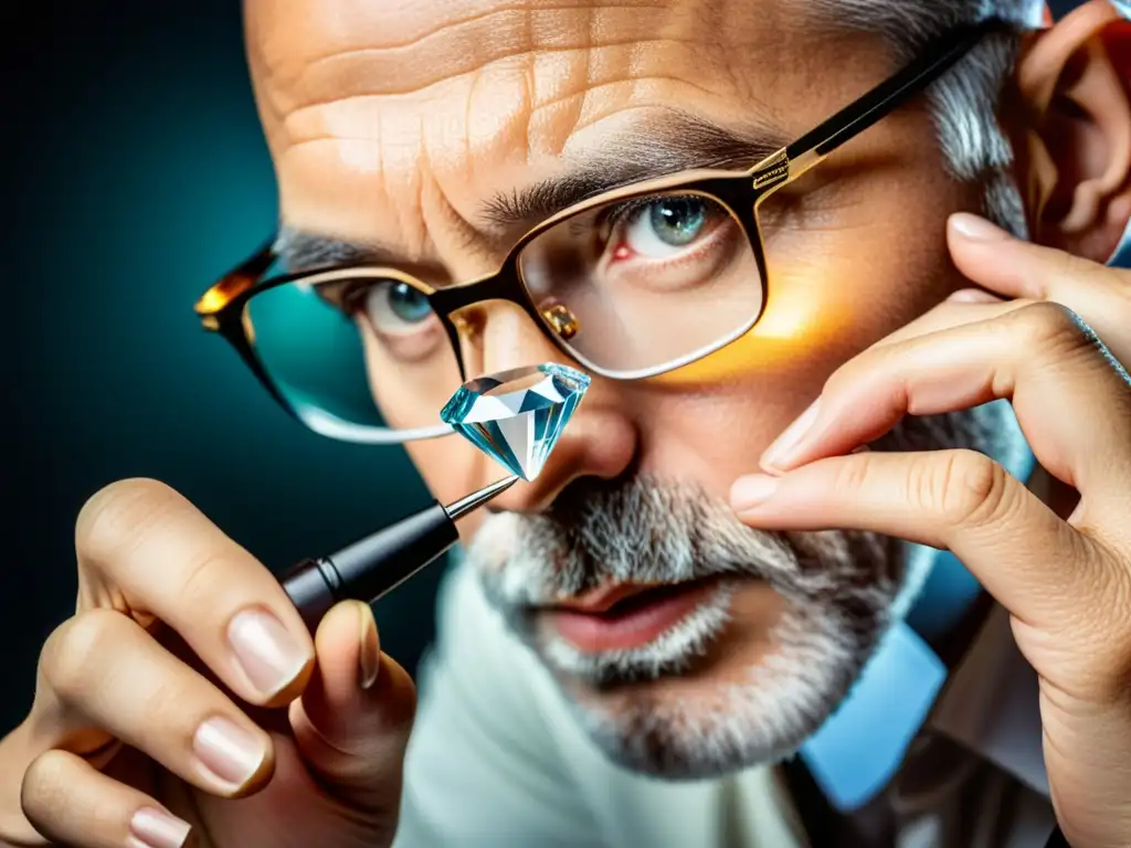 Un maestro gemólogo examina minuciosamente un raro y exquisito diamante bajo una potente lupa, mostrando la fusión de tradición y tecnología en la evaluación de gemas preciosas