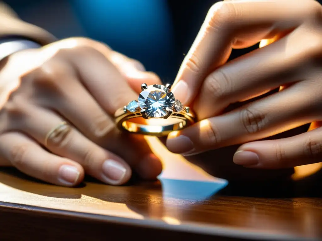 Un maestro joyero examina minuciosamente un anillo de compromiso con diamante, revelando su belleza bajo la luz