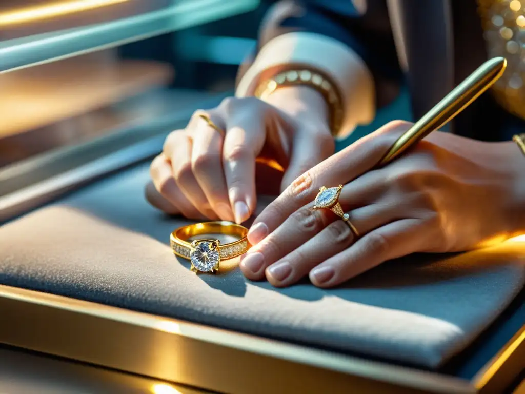 Un maestro joyero coloca con destreza un deslumbrante diamante en un anillo de oro, en un taller lleno de creatividad y destreza artesanal