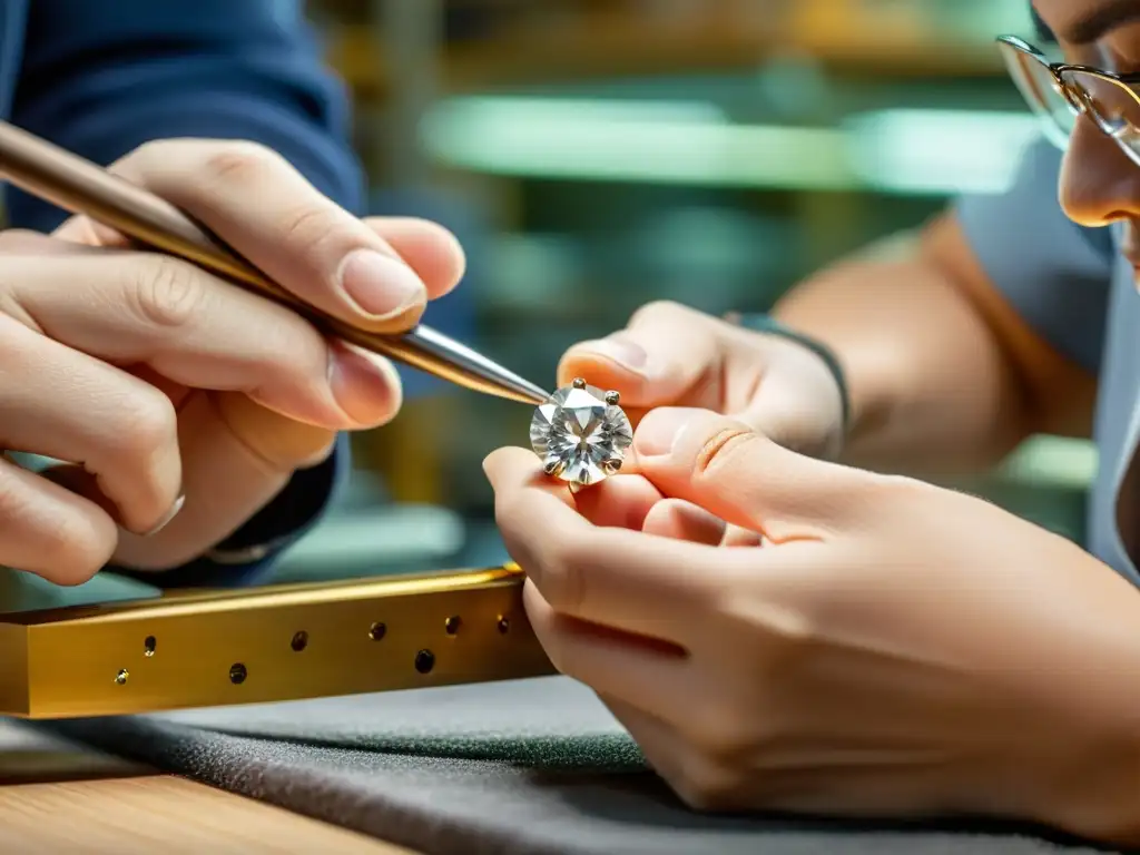 Un maestro joyero coloca con destreza un diamante en un engaste meticuloso, resaltando los detalles con iluminación suave