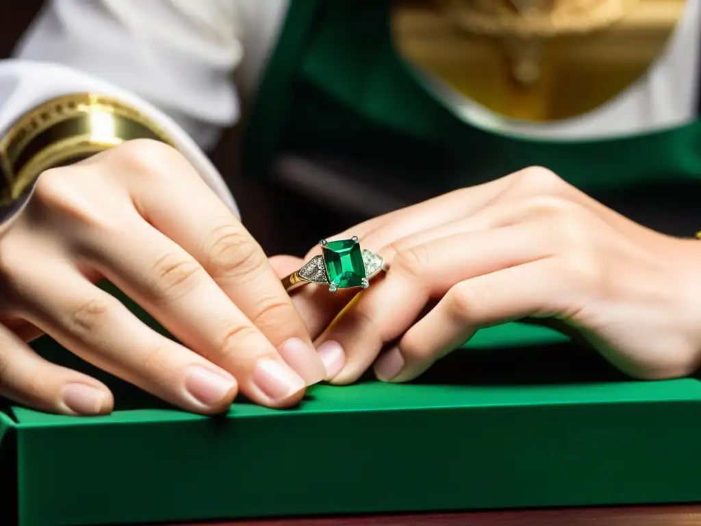 Un maestro joyero coloca con destreza una rara esmeralda verde en un elegante anillo de platino