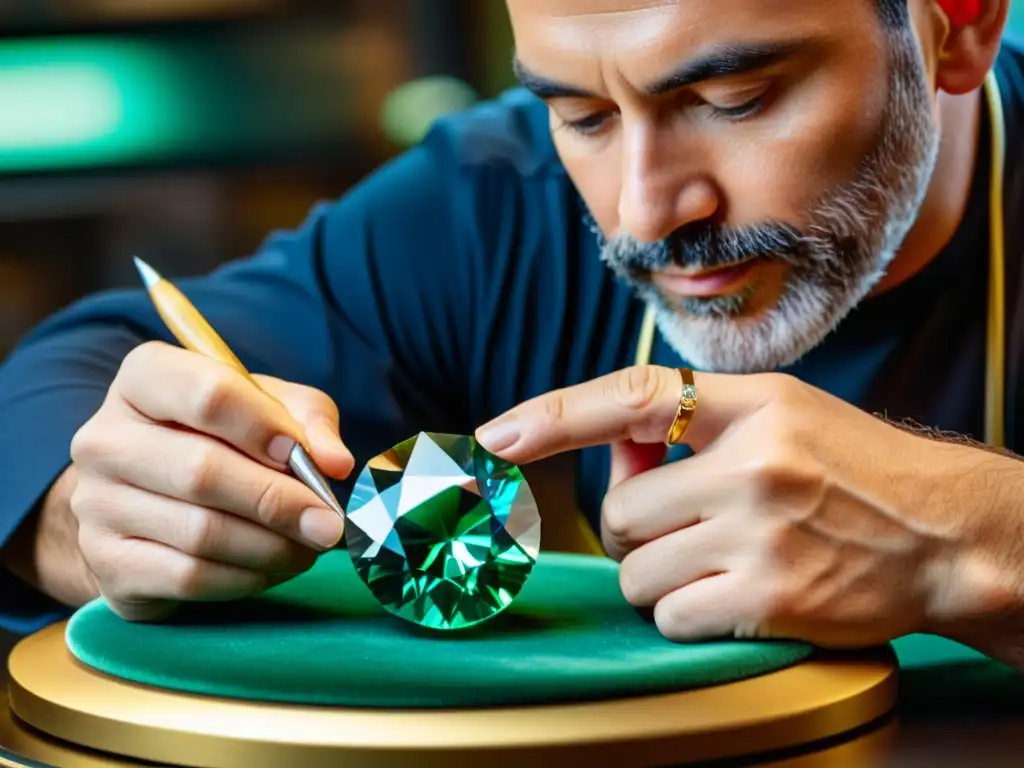 Maestro joyero esculpiendo una gema asimétrica con precisión Un maestro joyero experto en corte asimétrico en gemas, moldea con precisión una vibrante piedra, reflejando la artesanía y belleza de la joyería