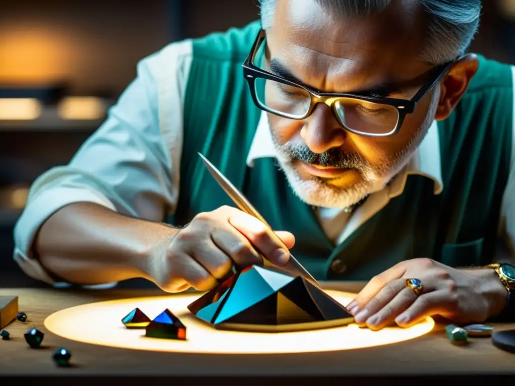 Un maestro joyero utiliza herramientas de precisión para cortar cuidadosamente una deslumbrante piedra preciosa en técnica corte en escalera