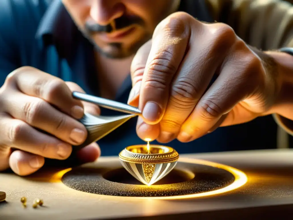 Un maestro joyero utiliza herramientas de precisión para esculpir una pieza única, destacando la creación de joyas personalizadas con IA