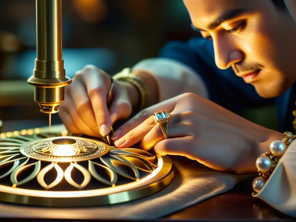 Un maestro joyero elabora una pieza de joyería con destreza y precisión, destacando la artesanía y dedicación