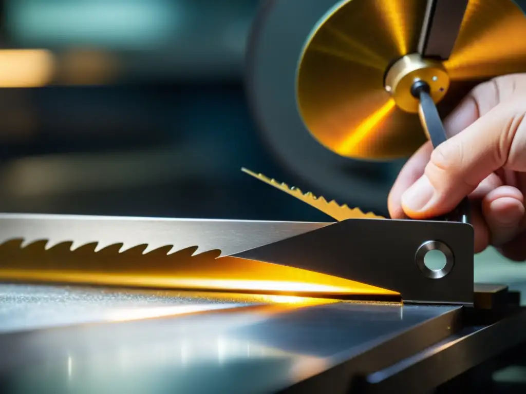 Un maestro joyero usa sierras para cortar metales preciosos con precisión, en un ambiente dramático y enfocado