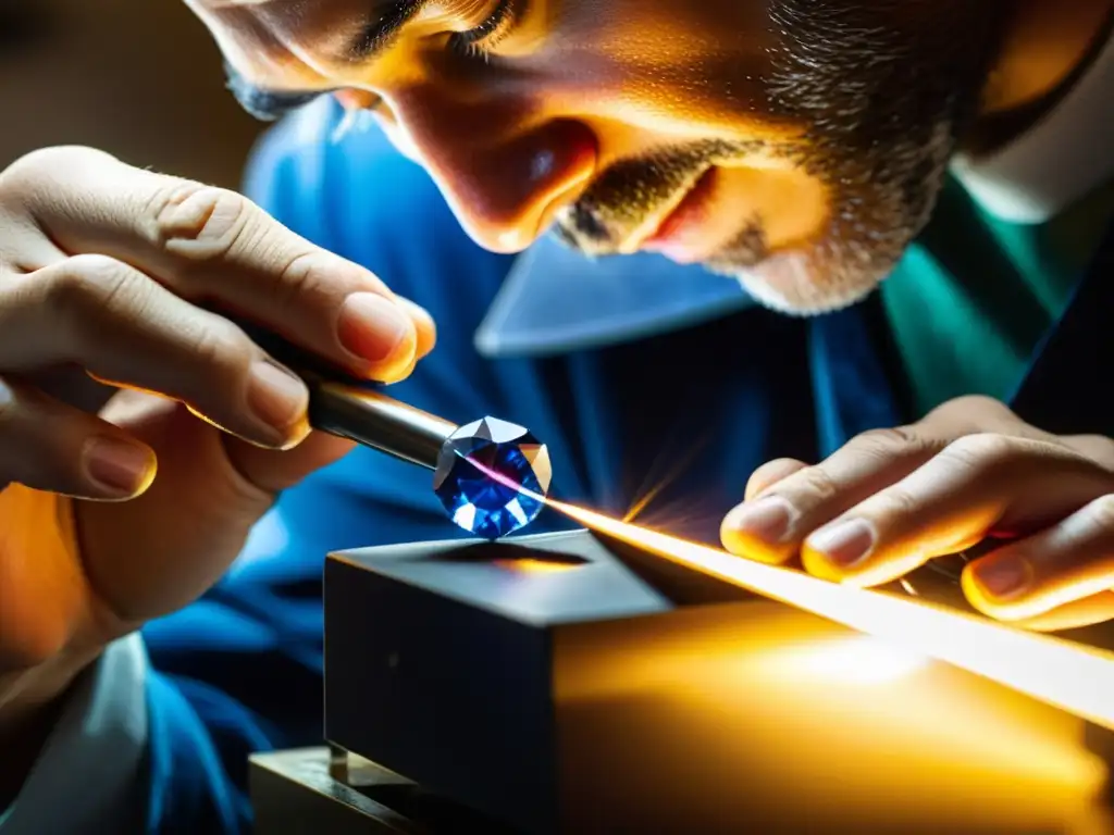 Un maestro tallador de gemas moldea con destreza un vibrante zafiro, bajo la luz de su taller especializado