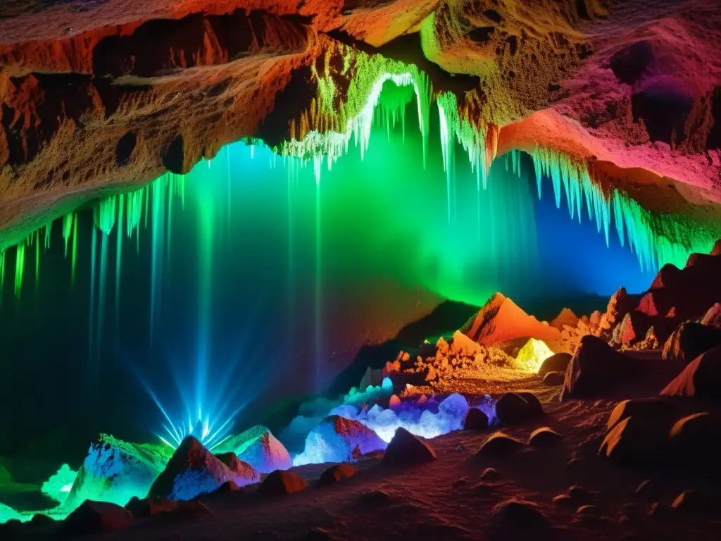 Un mágico espectáculo de fluorescencia minerales luz color brilla en la oscura cueva, revelando una escena cautivadora