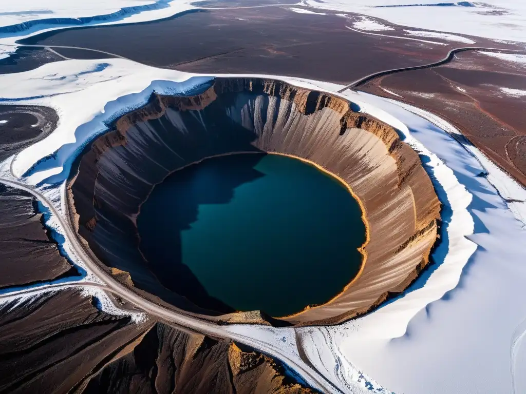 La majestuosa mina de diamantes Siberiana Mirny se impone en un paisaje desolado y helado, mostrando la inmensidad y desafíos de la minería