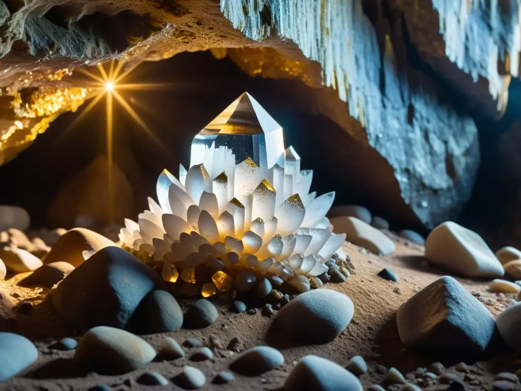 Un majestuoso cristal de cuarzo en una cueva iluminada por luz dorada