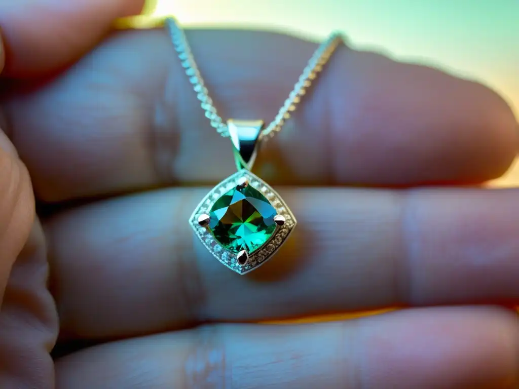 Mano sosteniendo con delicadeza un collar de plata con colgante de piedra de nacimiento, irradiando elegancia y belleza para un regalo especial