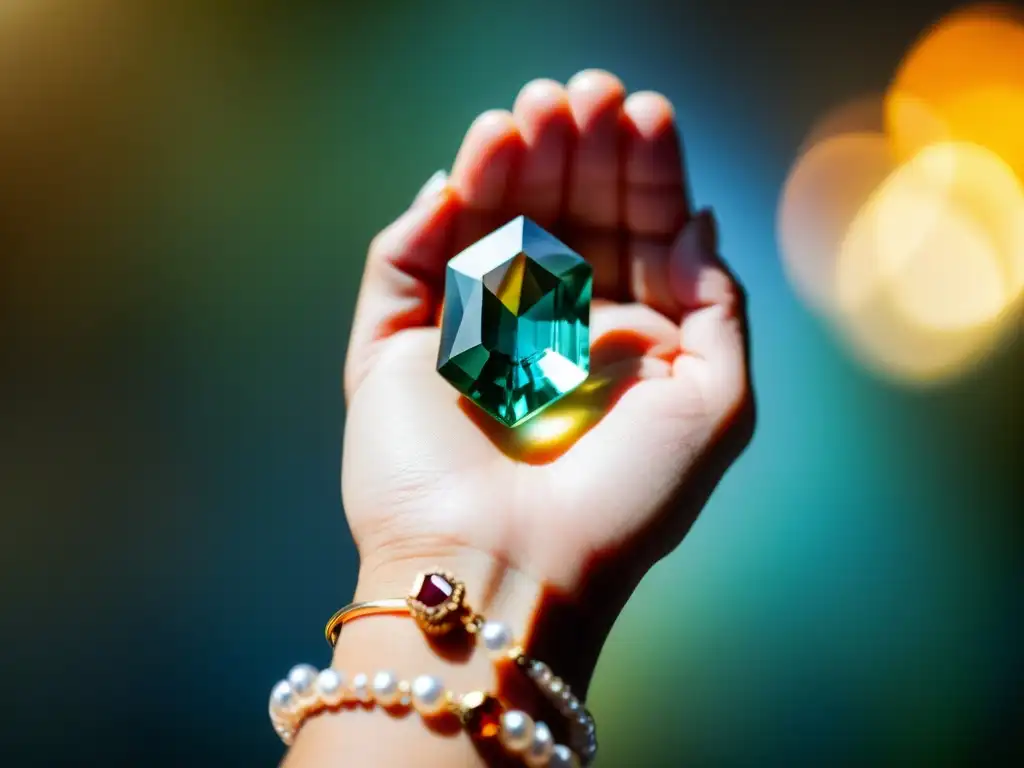 Joyas exclusivas: mano sostiene rara piedra preciosa Mano sosteniendo una gema rara sin cortar bajo luz natural